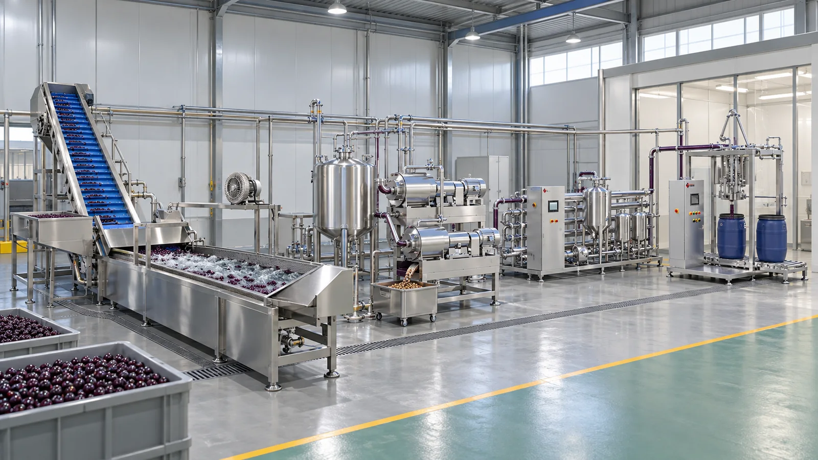 Conceptual factory layout of a whole-berry açaí pulp line showing reception and washing, two-stage pulping with a separate seed discharge, buffer tanks, a tubular thermal-treatment skid and aseptic bulk filling equipment