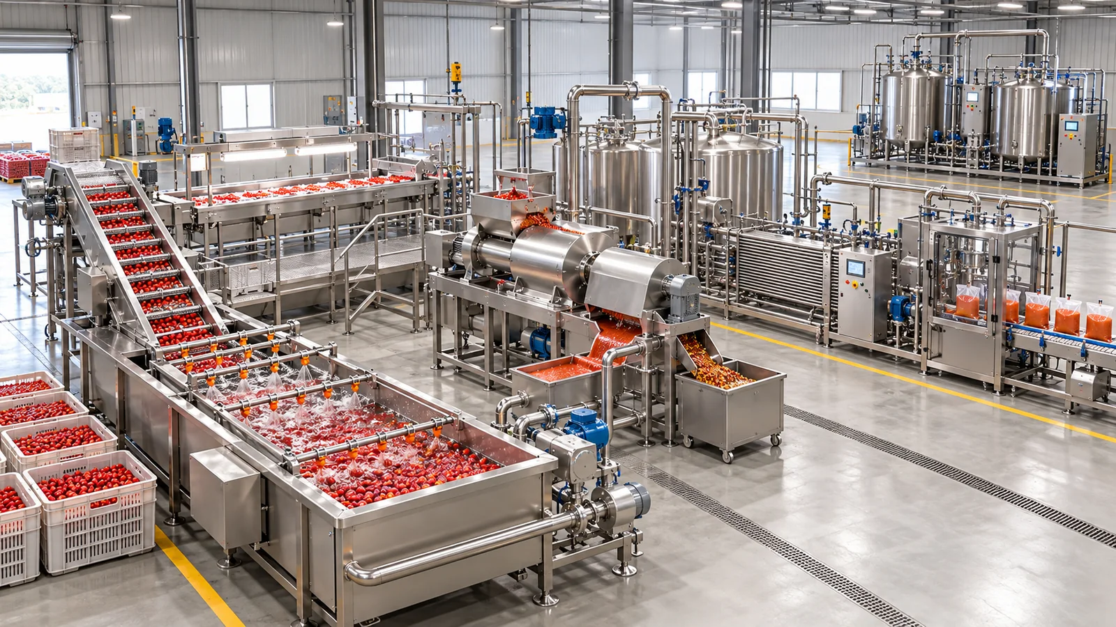 Reference-based conceptual acerola puree base factory layout showing receiving, fruit-specific preparation, product treatment and packing interfaces