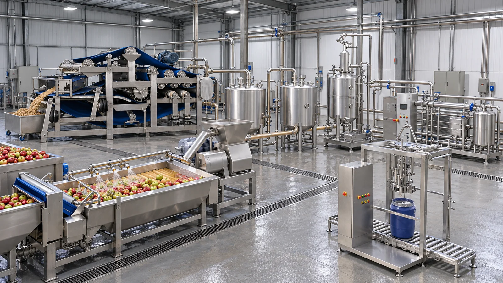Conceptual factory visualization of a cloudy apple juice line with brush washer, mill, blue-belt press, closed juice tanks, deaeration vessel, thermal treatment skid and drum filler