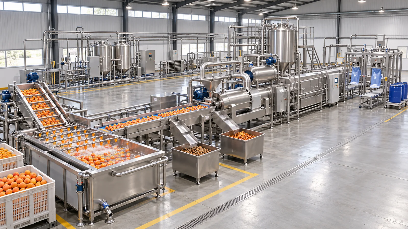 Reference-based conceptual apricot puree factory layout showing receiving, fruit-specific preparation, product treatment and packing interfaces