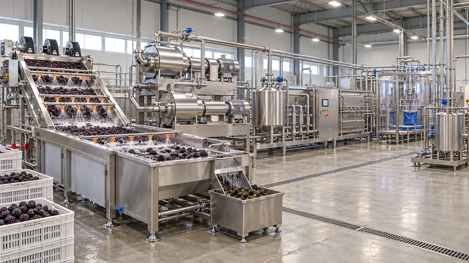 Reference-based conceptual blackberry puree factory layout showing receiving, fruit-specific preparation, product treatment and packing interfaces