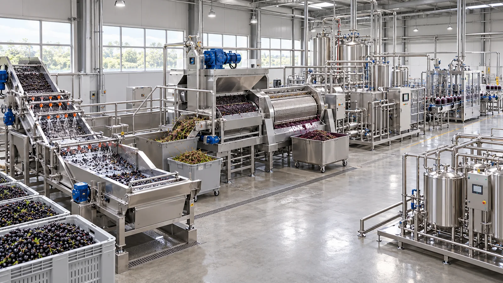 Reference-based conceptual blackcurrant juice base factory layout showing receiving, fruit-specific preparation, product treatment and packing interfaces