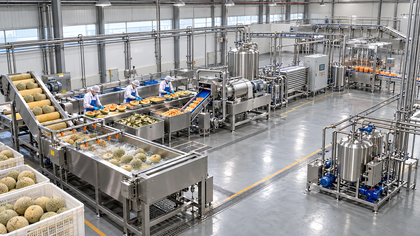 Reference-based conceptual cantaloupe puree base factory layout showing receiving, fruit-specific preparation, product treatment and packing interfaces