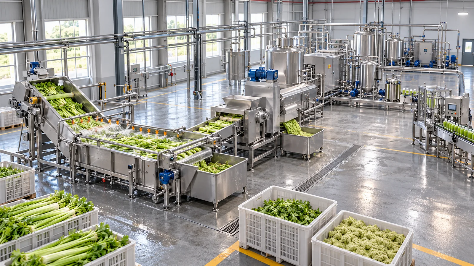 Reference-based conceptual celery juice factory layout showing receiving, fruit-specific preparation, product treatment and packing interfaces