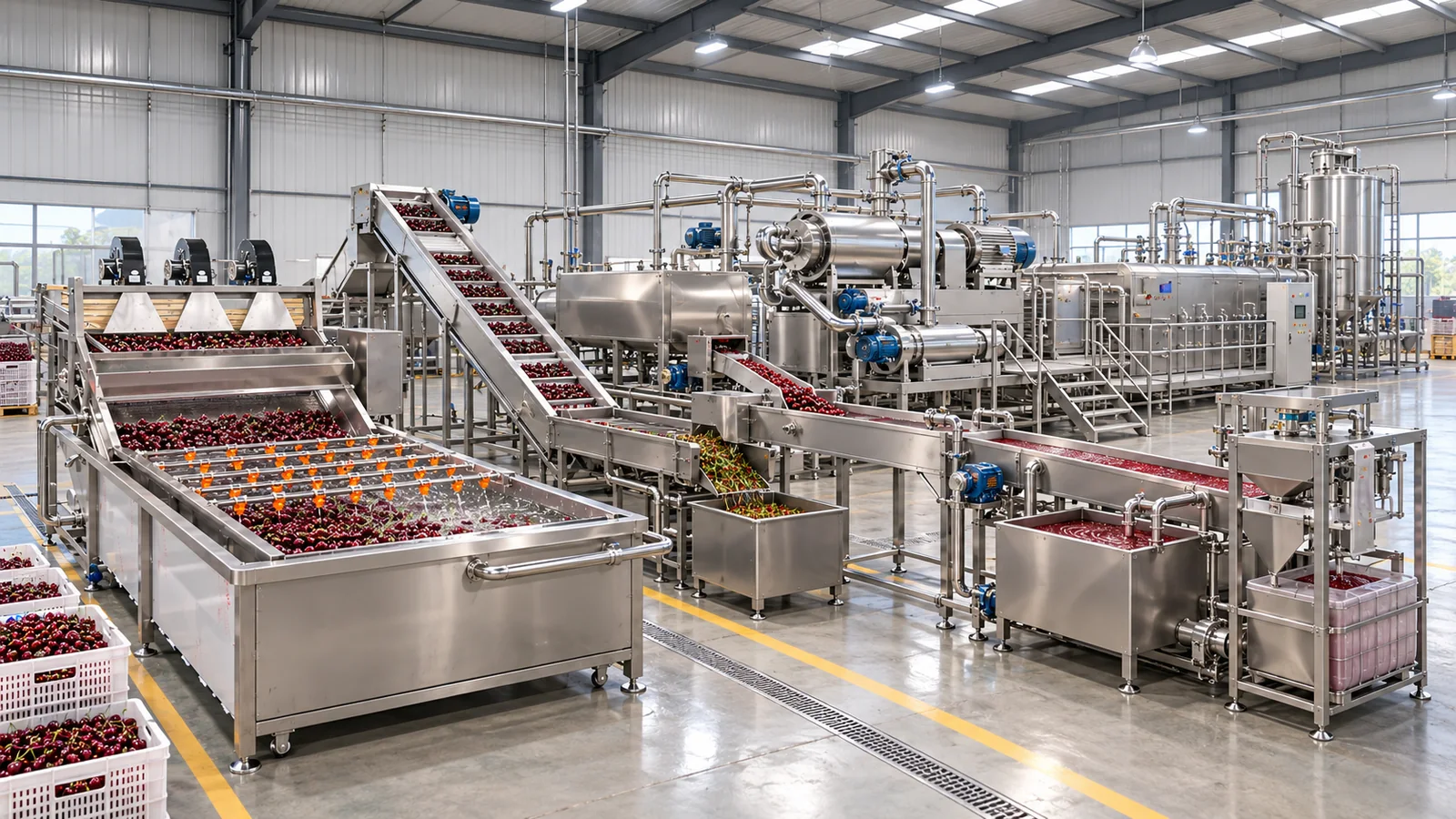 Reference-based conceptual cherry puree factory layout showing receiving, fruit-specific preparation, product treatment and packing interfaces