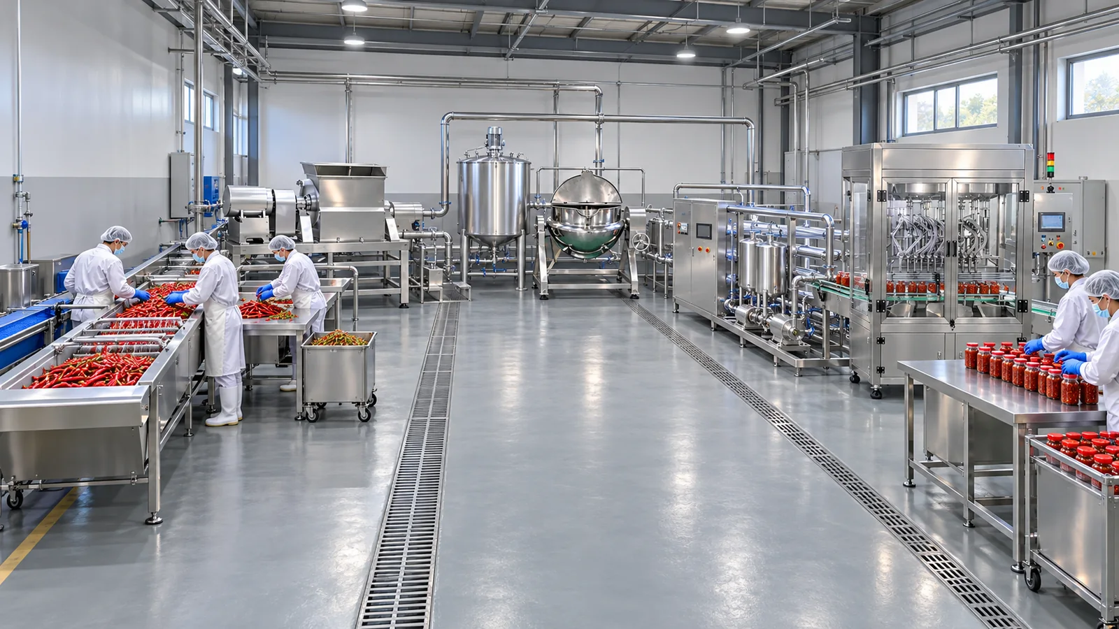 Conceptual factory layout of a chili sauce line with brush washing, inspection, destemming, coarse crushing, blending, jacketed kettle cooking, tubular thermal processing, bottle filling and a separate CIP support circuit.