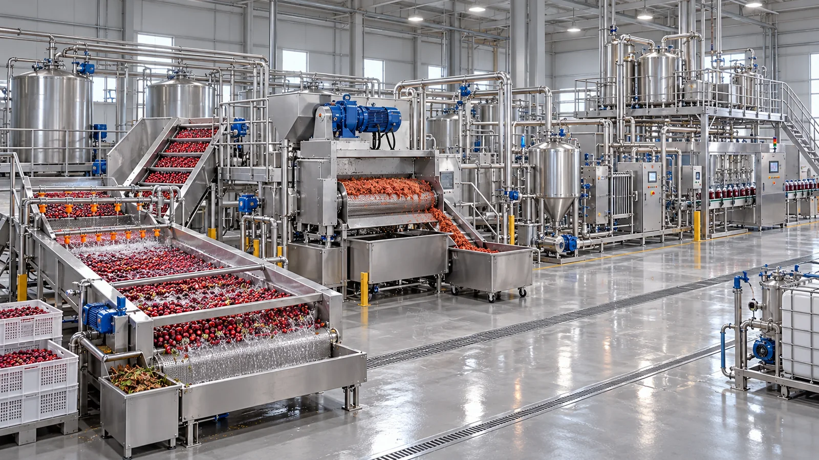Reference-based conceptual cranberry juice base factory layout showing receiving, fruit-specific preparation, product treatment and packing interfaces