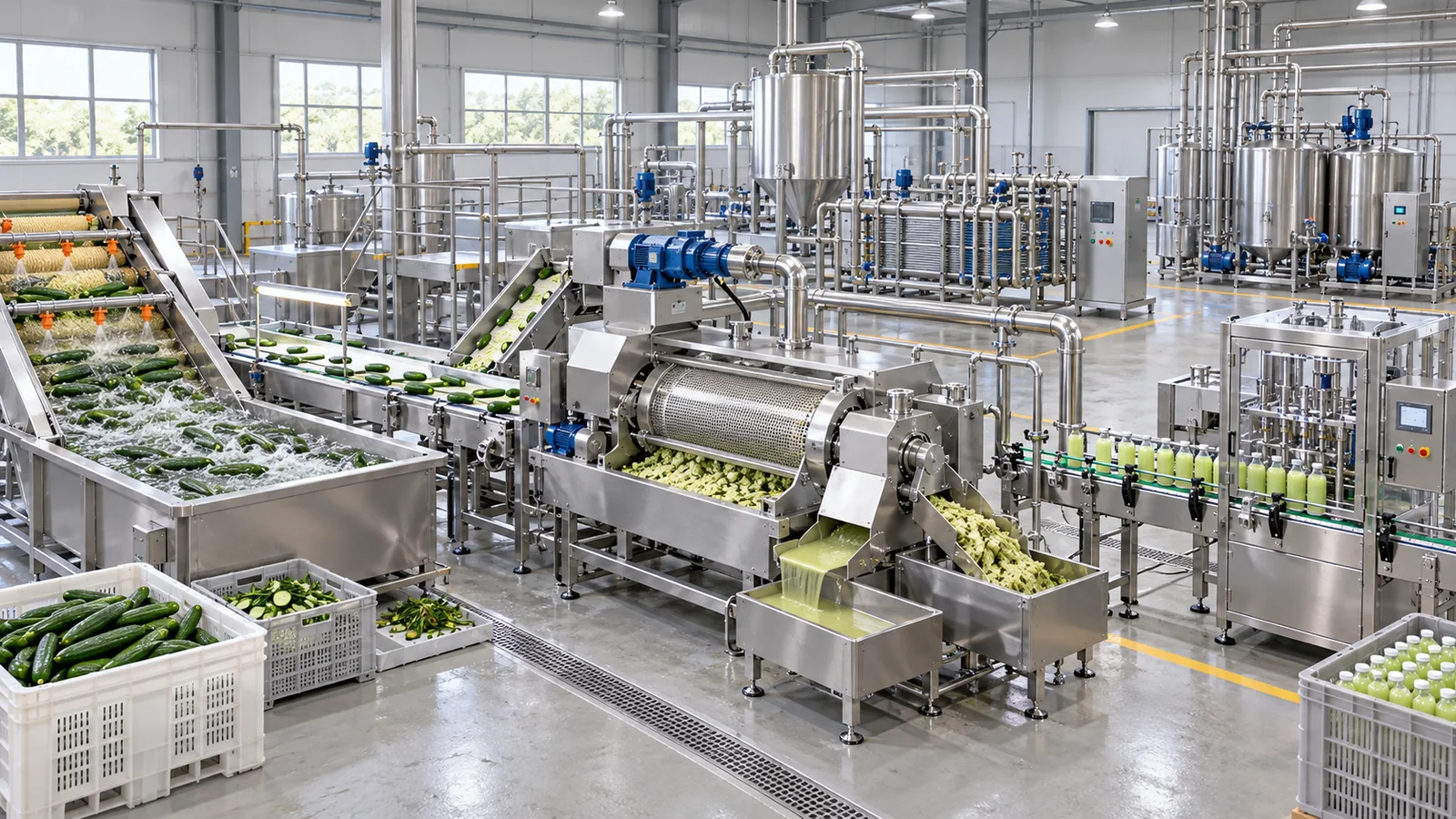 Reference-based conceptual cucumber juice factory layout showing receiving, fruit-specific preparation, product treatment and packing interfaces