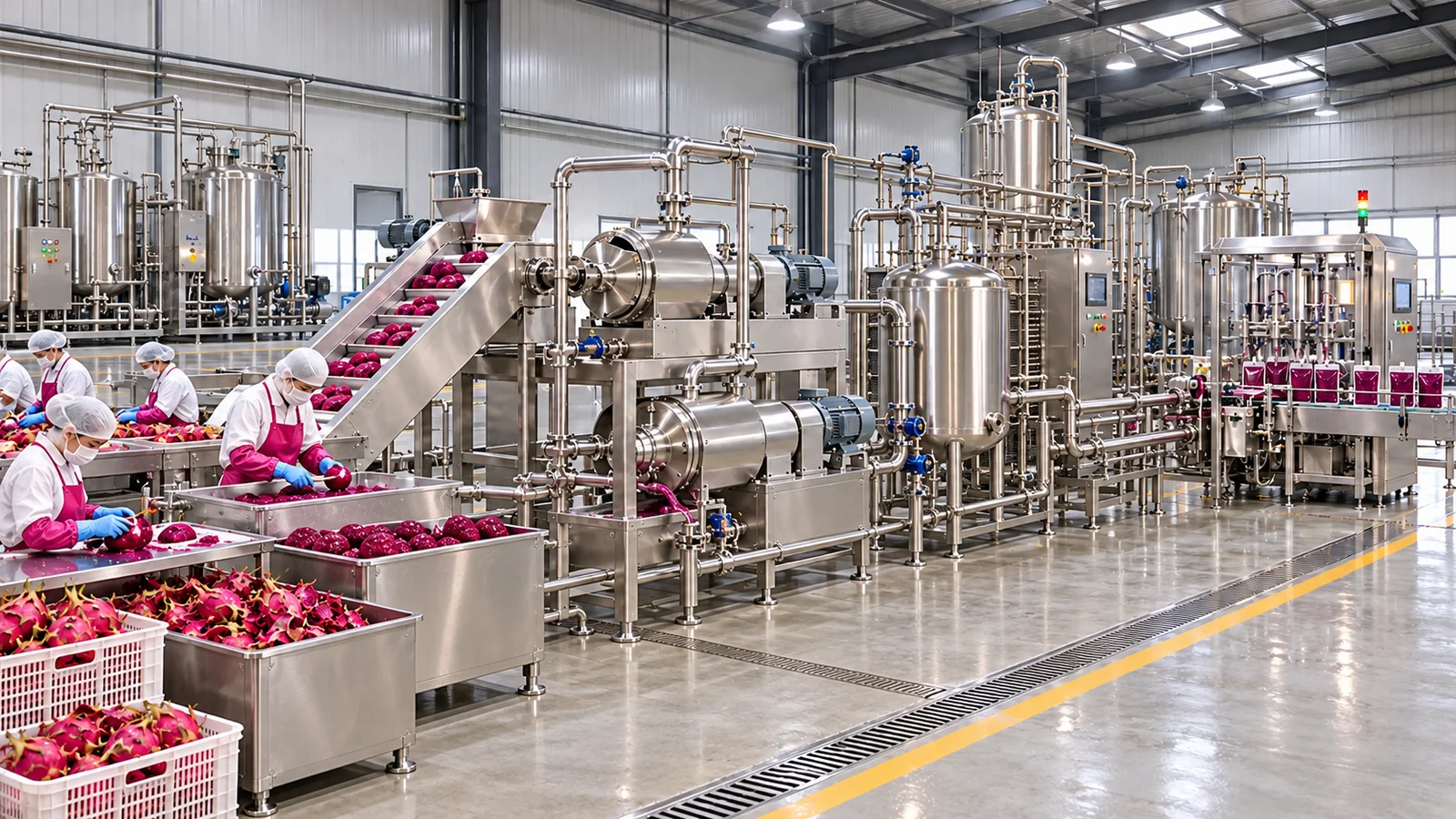 Reference-based conceptual dragon fruit puree factory layout showing receiving, fruit-specific preparation, product treatment and packing interfaces