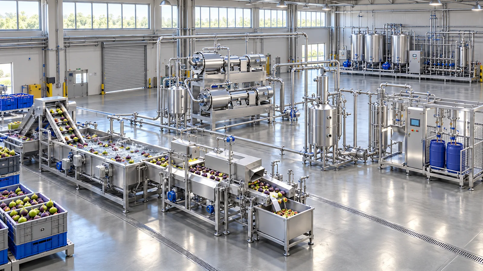 Reference-based conceptual fig paste factory layout showing receiving, fruit-specific preparation, product treatment and packing interfaces
