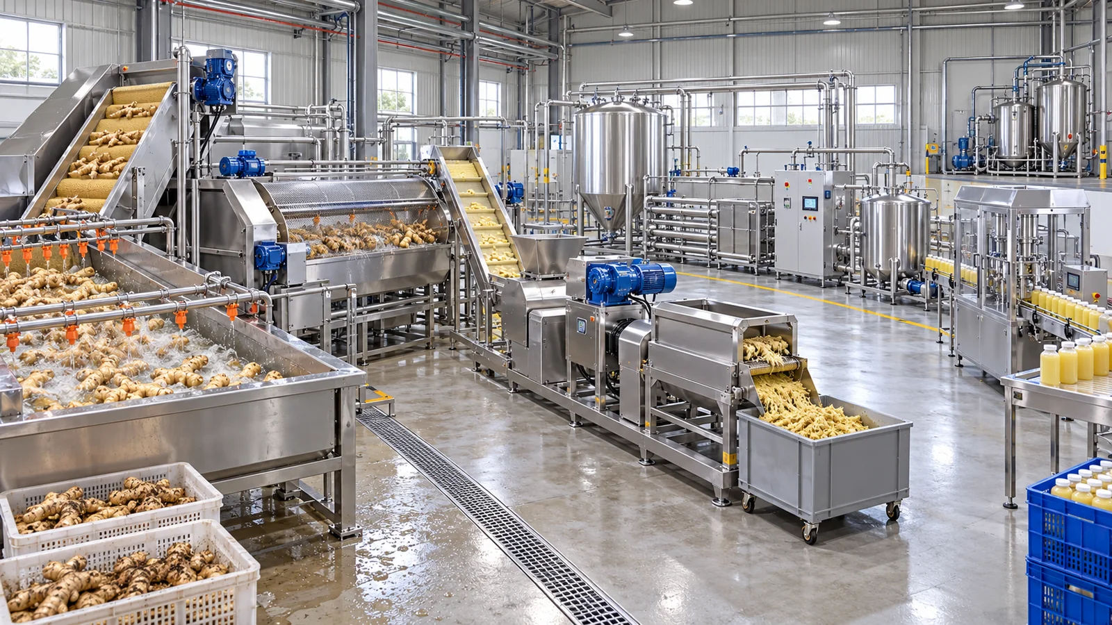 Reference-based conceptual ginger juice base factory layout showing receiving, fruit-specific preparation, product treatment and packing interfaces