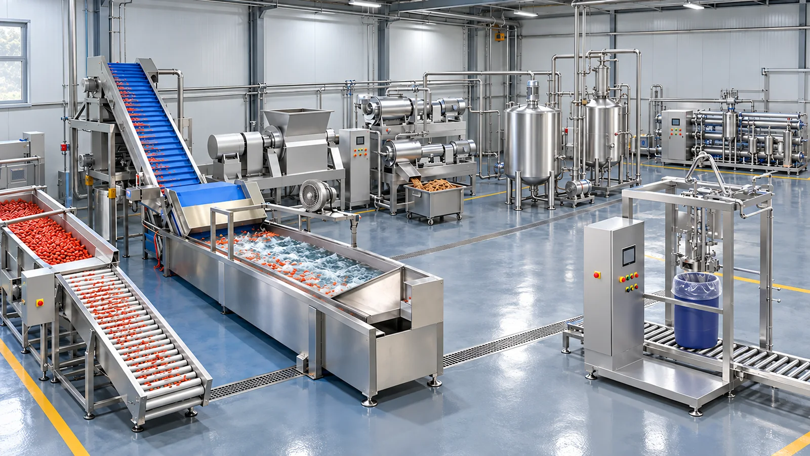 Conceptual factory layout for a fresh-goji puree line with inspection, washing, pulping, buffer, deaeration, thermal treatment and aseptic bag filling