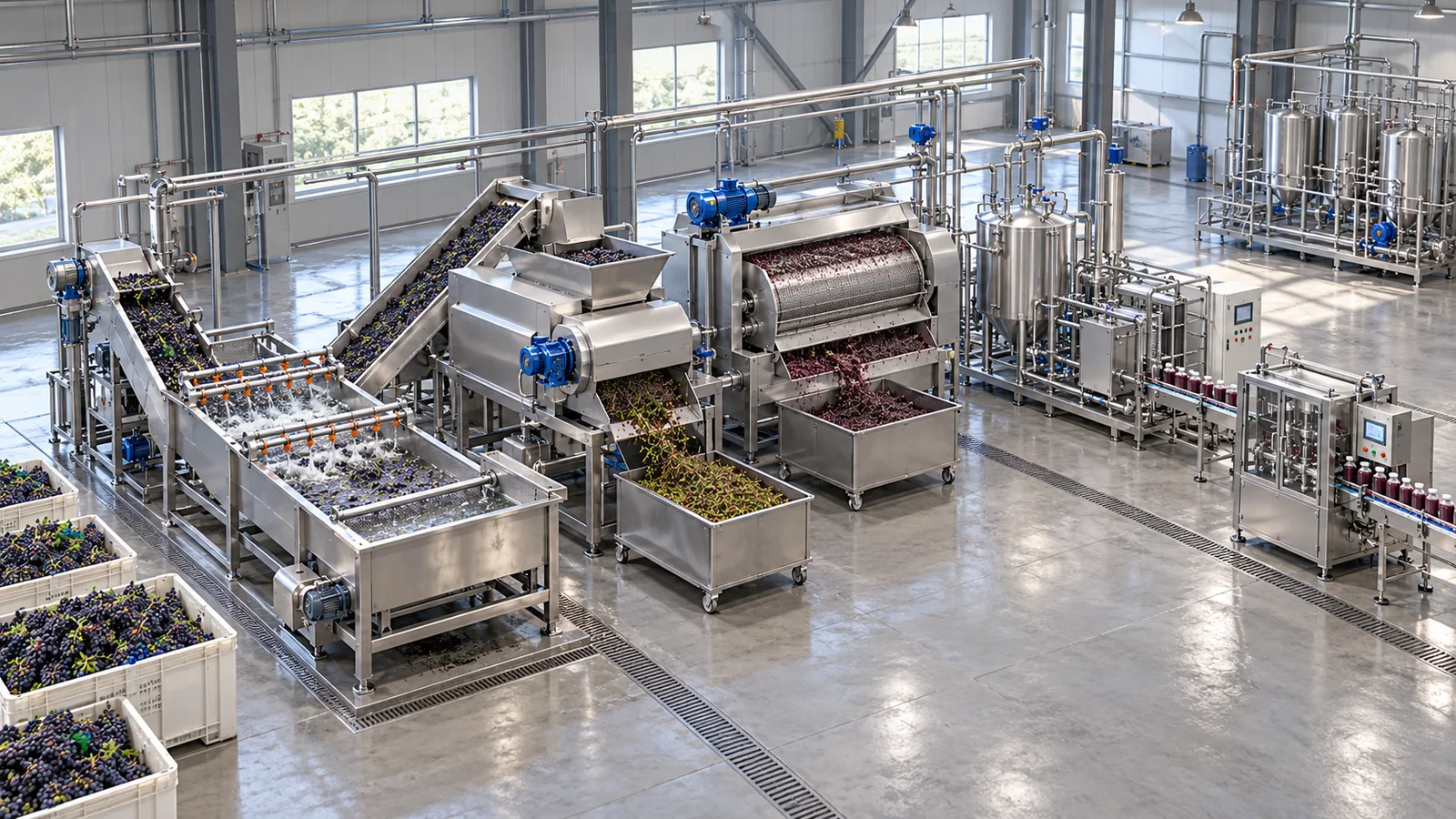 Reference-based conceptual grape juice factory layout showing receiving, fruit-specific preparation, product treatment and packing interfaces
