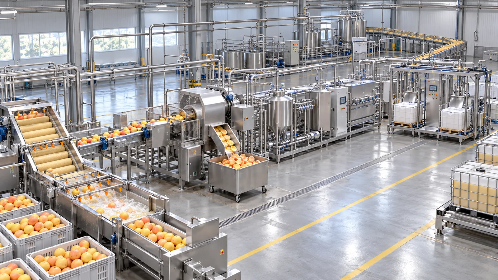 Reference-based conceptual grapefruit juice factory layout showing receiving, fruit-specific preparation, product treatment and packing interfaces