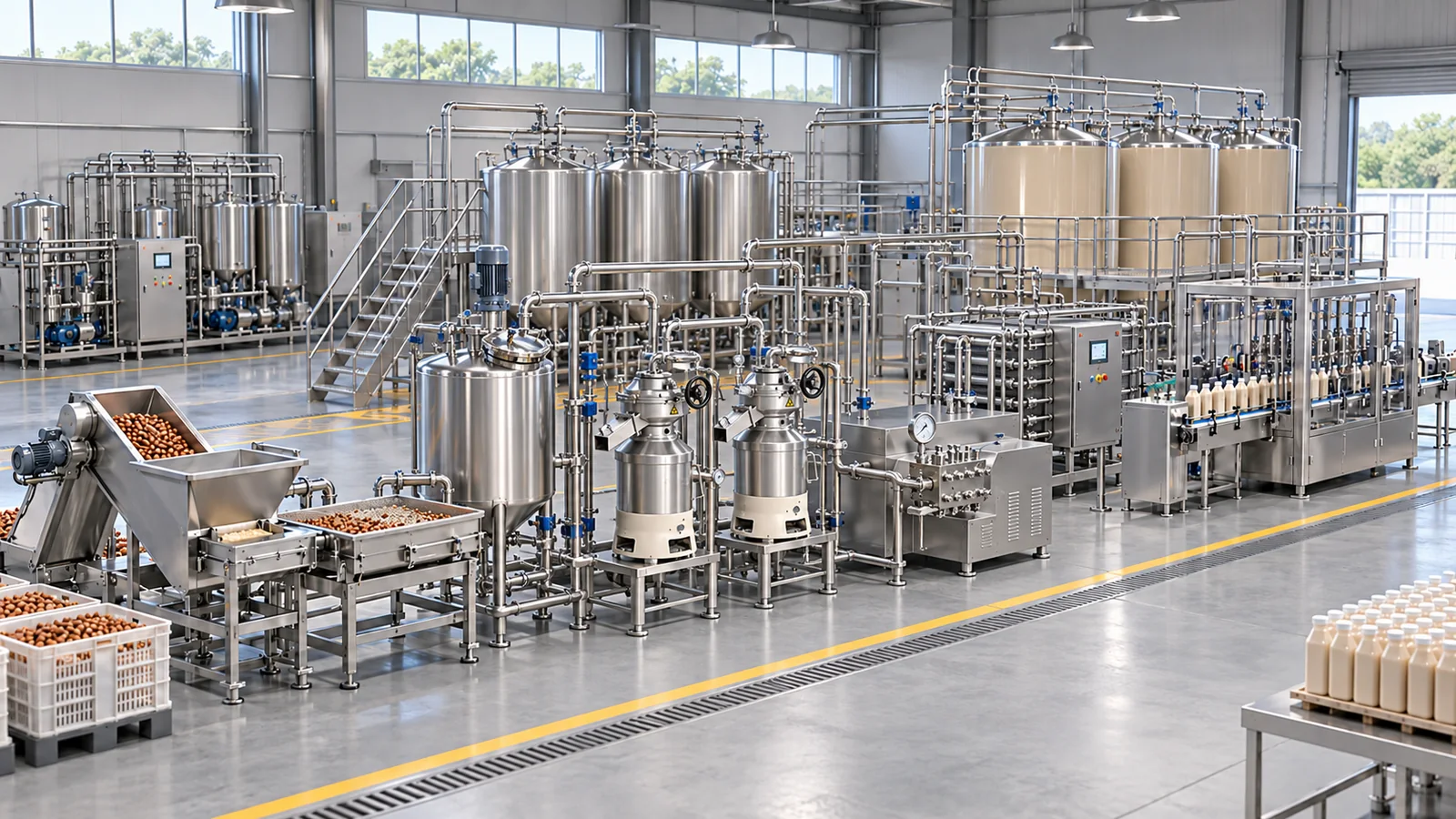 Reference-based conceptual hazelnut beverage base factory layout showing receiving, fruit-specific preparation, product treatment and packing interfaces