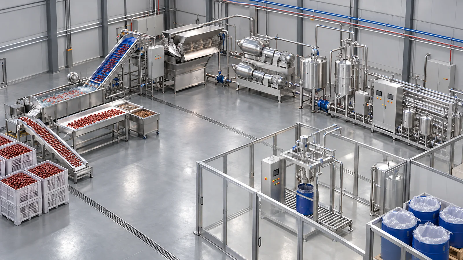 Conceptual process visualization of a jujube puree factory: washing and inspection, manual stone control, continuous conditioning, two-stage pulping, buffer and deaeration vessels, tubular treatment and aseptic drum filling.