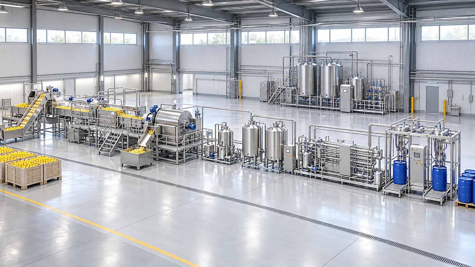 Reference-based conceptual lemon juice factory layout showing receiving, fruit-specific preparation, product treatment and packing interfaces