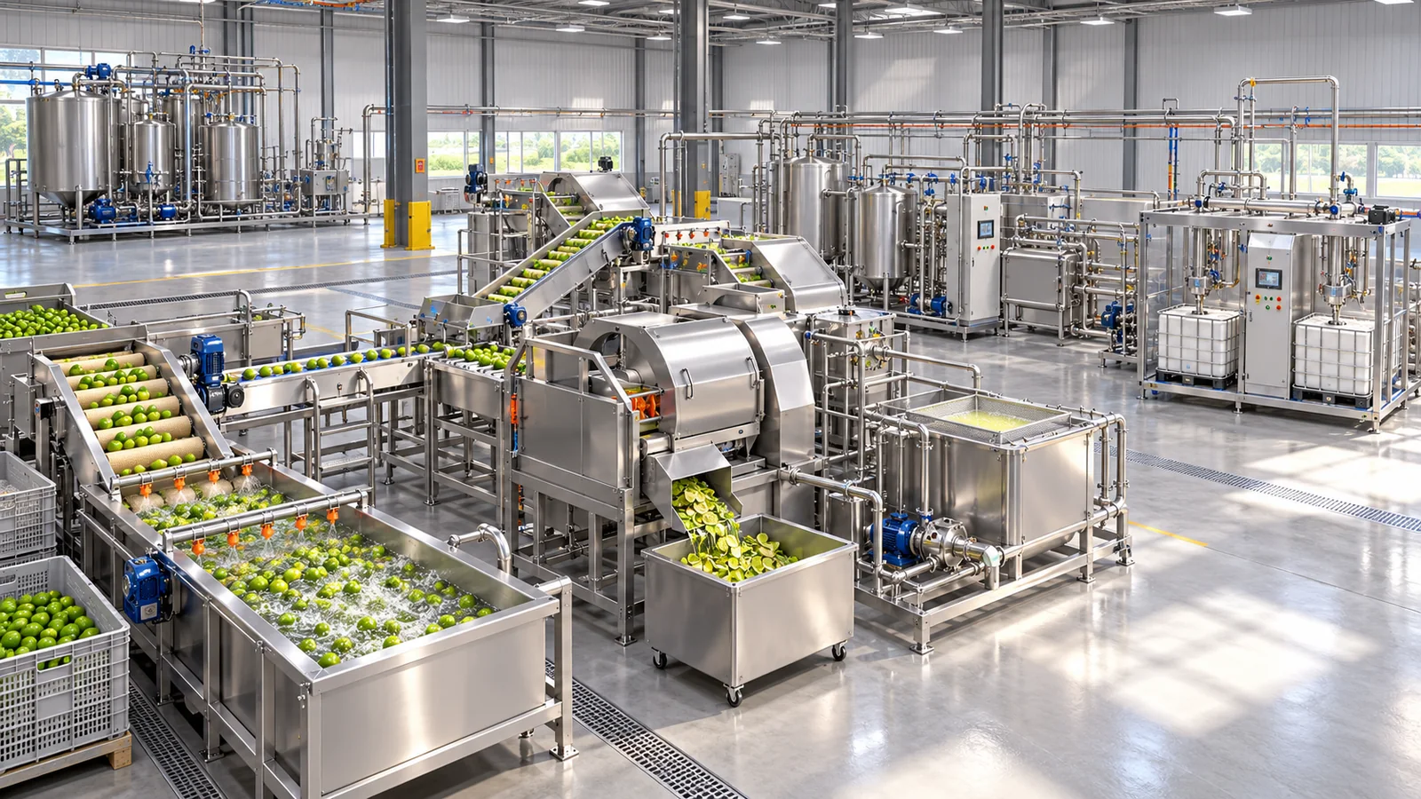 Reference-based conceptual lime juice factory layout showing receiving, fruit-specific preparation, product treatment and packing interfaces