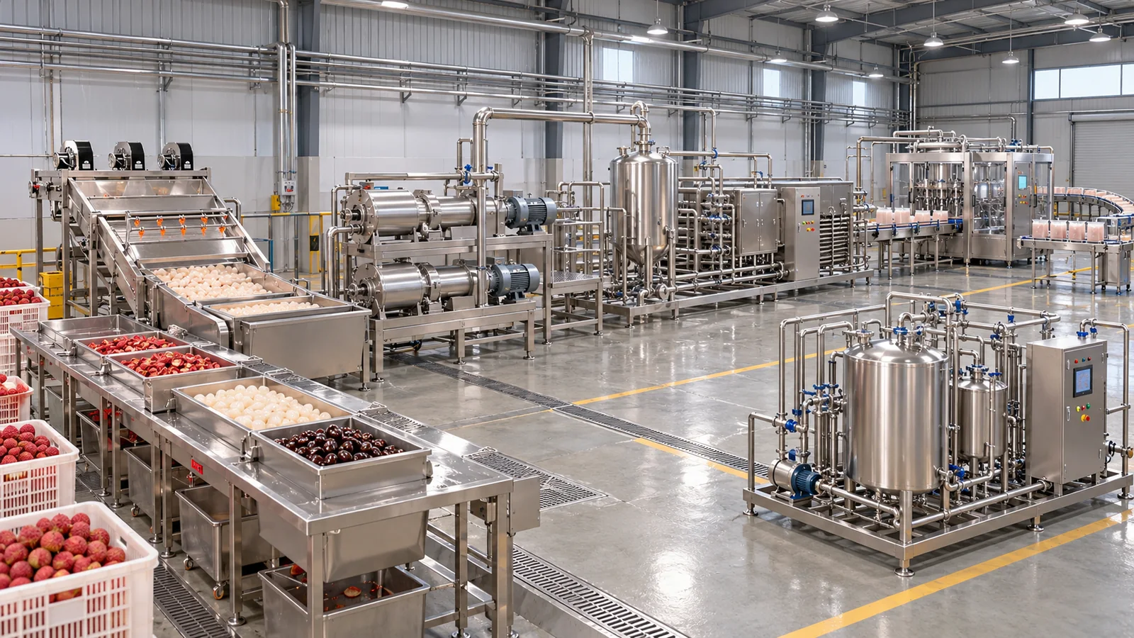 Reference-based conceptual lychee puree base factory layout showing receiving, fruit-specific preparation, product treatment and packing interfaces