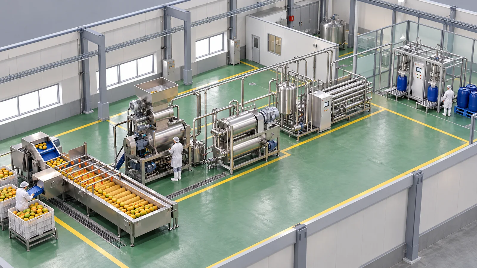 Conceptual factory layout of a mango pulp line with brush washer, destoner, finisher, buffer tank, tubular treatment skid and aseptic bag filler