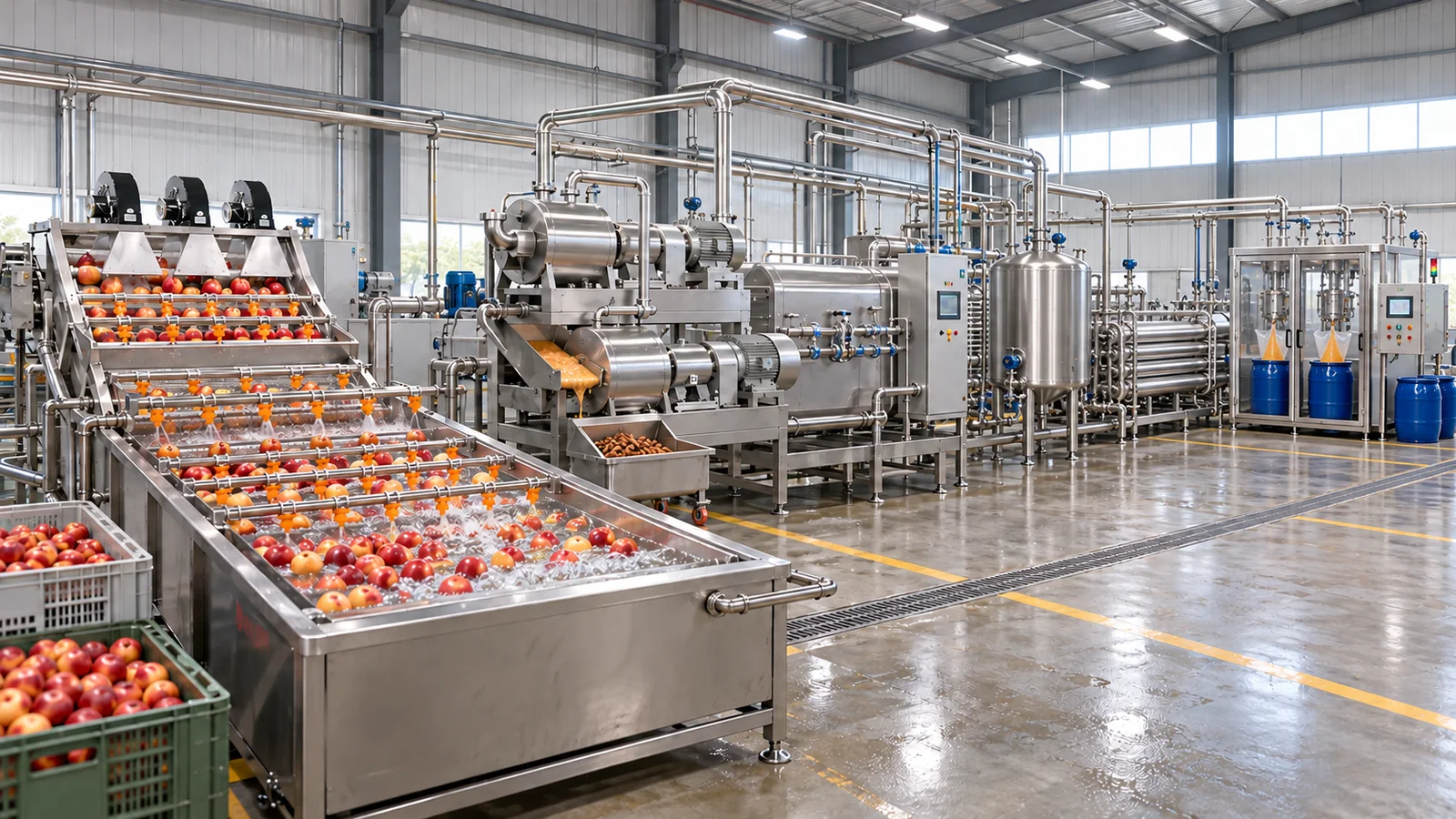 Reference-based conceptual nectarine puree factory layout showing receiving, fruit-specific preparation, product treatment and packing interfaces