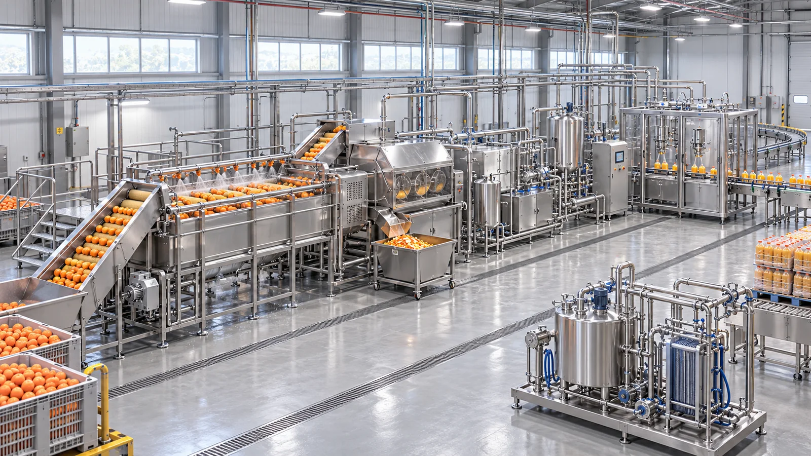 Reference-based conceptual orange juice factory layout showing receiving, fruit-specific preparation, product treatment and packing interfaces