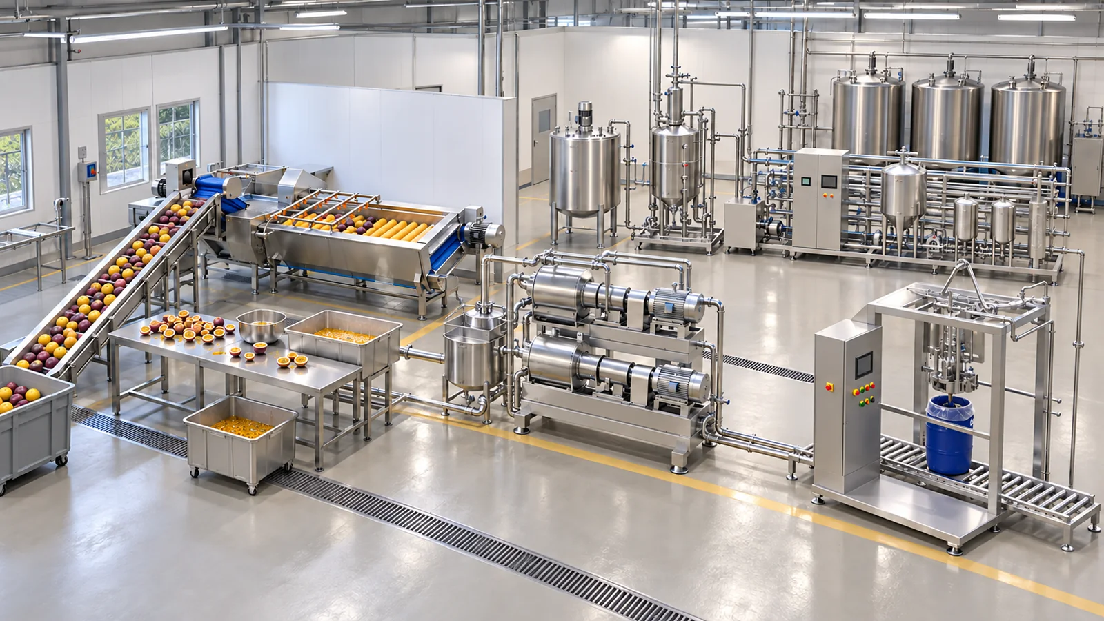 Conceptual factory layout of a passion fruit processing line with receiving conveyor, brush washer, inspection and manual opening table, two-stage pulp finisher, buffer vessels, vacuum deaerator, tubular thermal skid, aseptic bag filler and CIP station