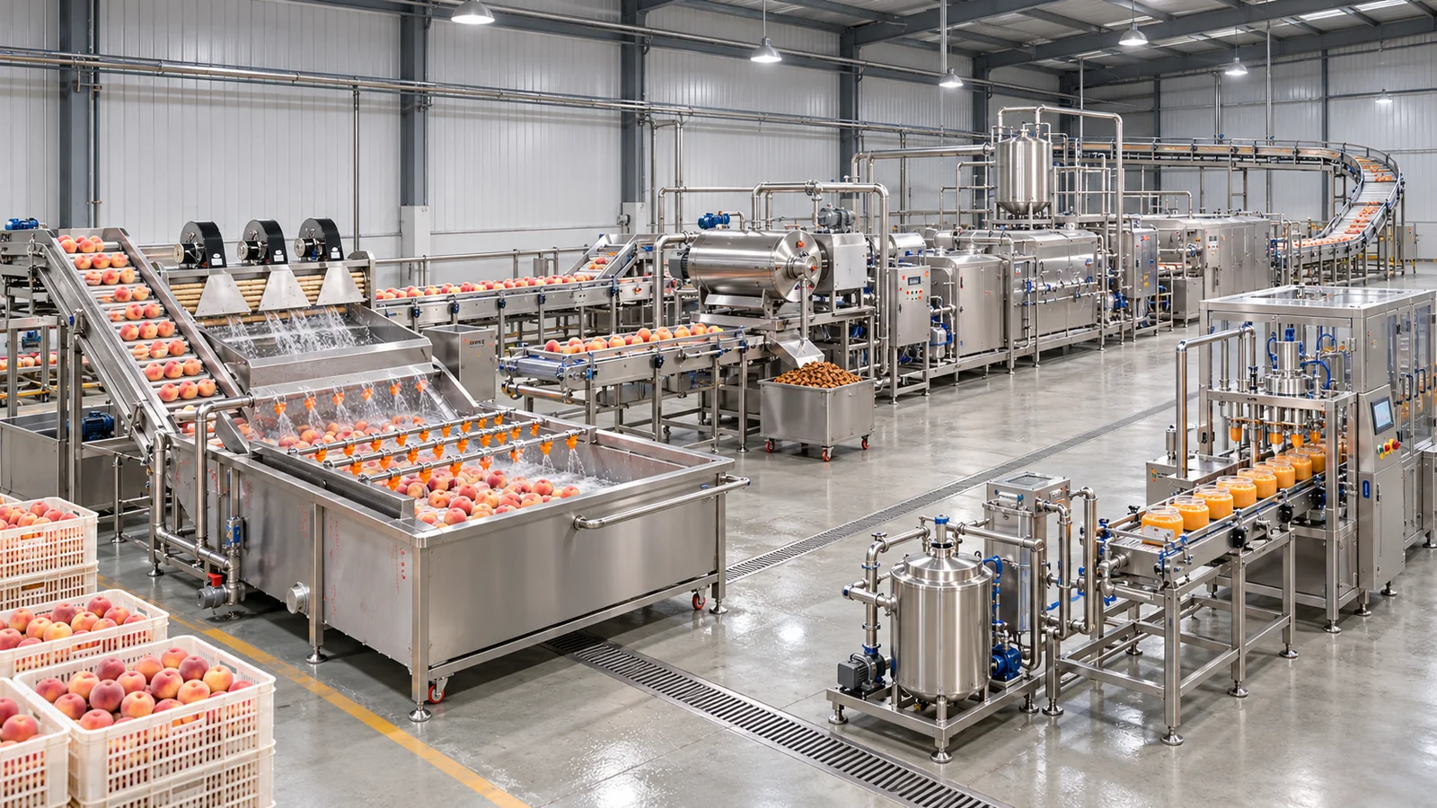 Reference-based conceptual peach puree factory layout showing receiving, fruit-specific preparation, product treatment and packing interfaces