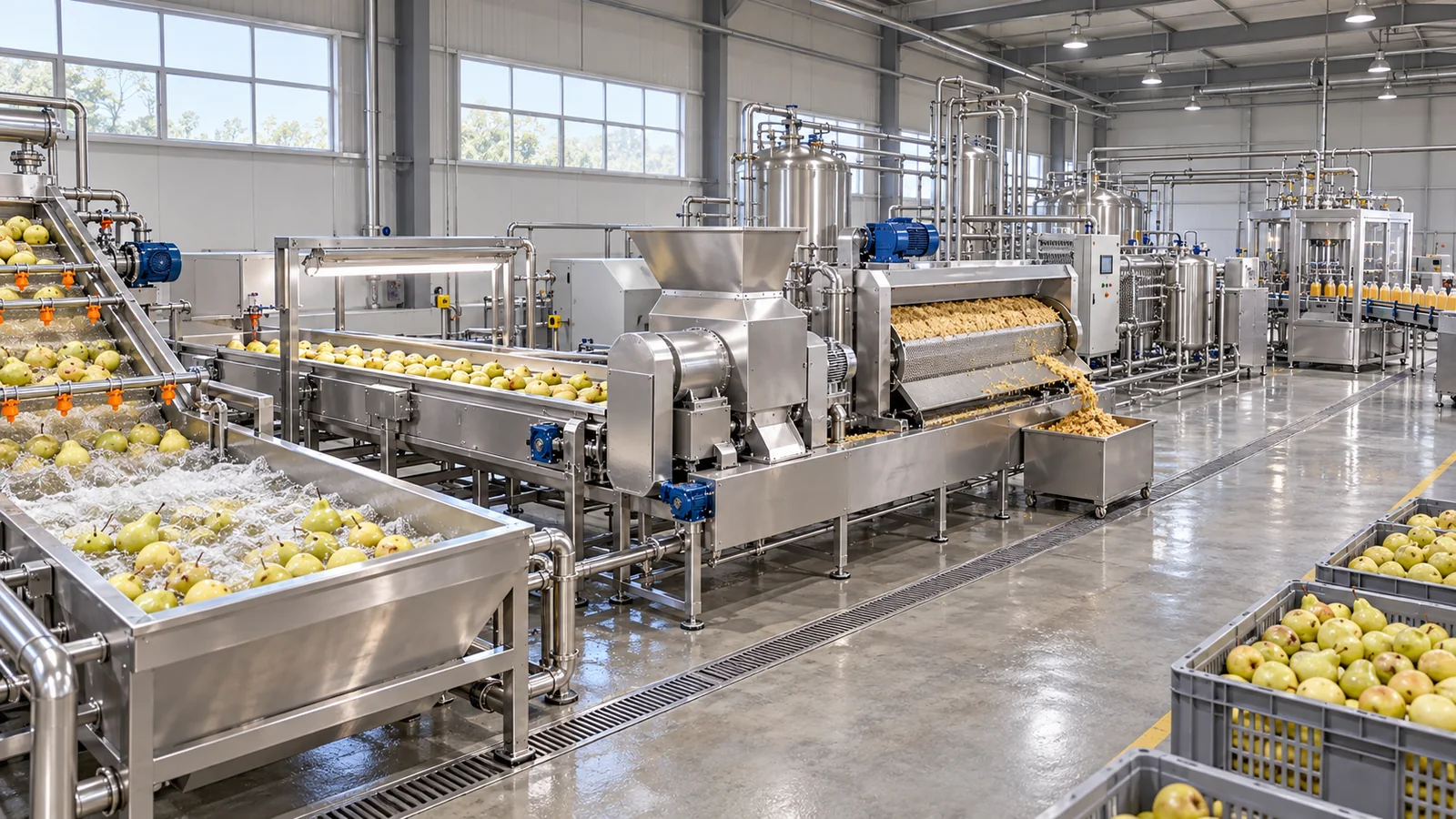 Reference-based conceptual pear juice factory layout showing receiving, fruit-specific preparation, product treatment and packing interfaces