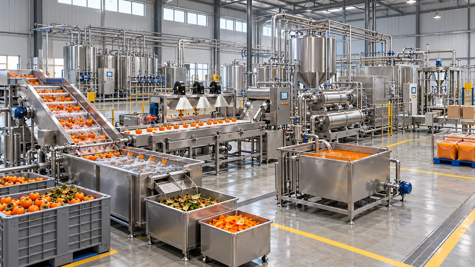 Reference-based conceptual persimmon puree factory layout showing receiving, fruit-specific preparation, product treatment and packing interfaces