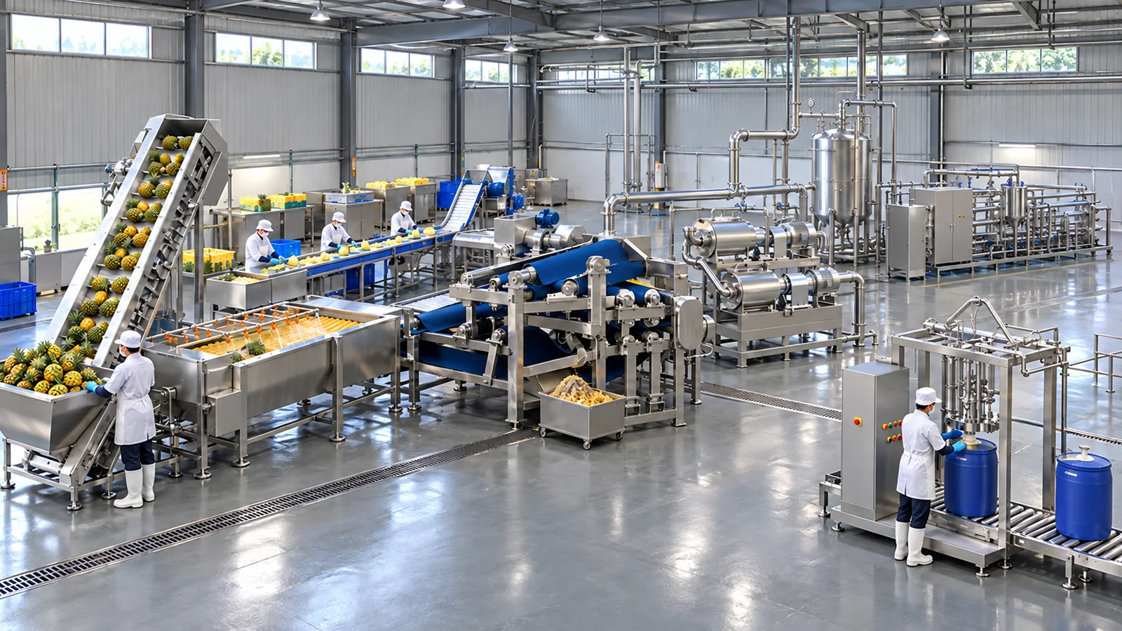 Conceptual pineapple juice processing line in a factory layout, from fruit receiving and brush washing through inspection, crushing, belt pressing, screened finishing, juice treatment and aseptic drum filling.