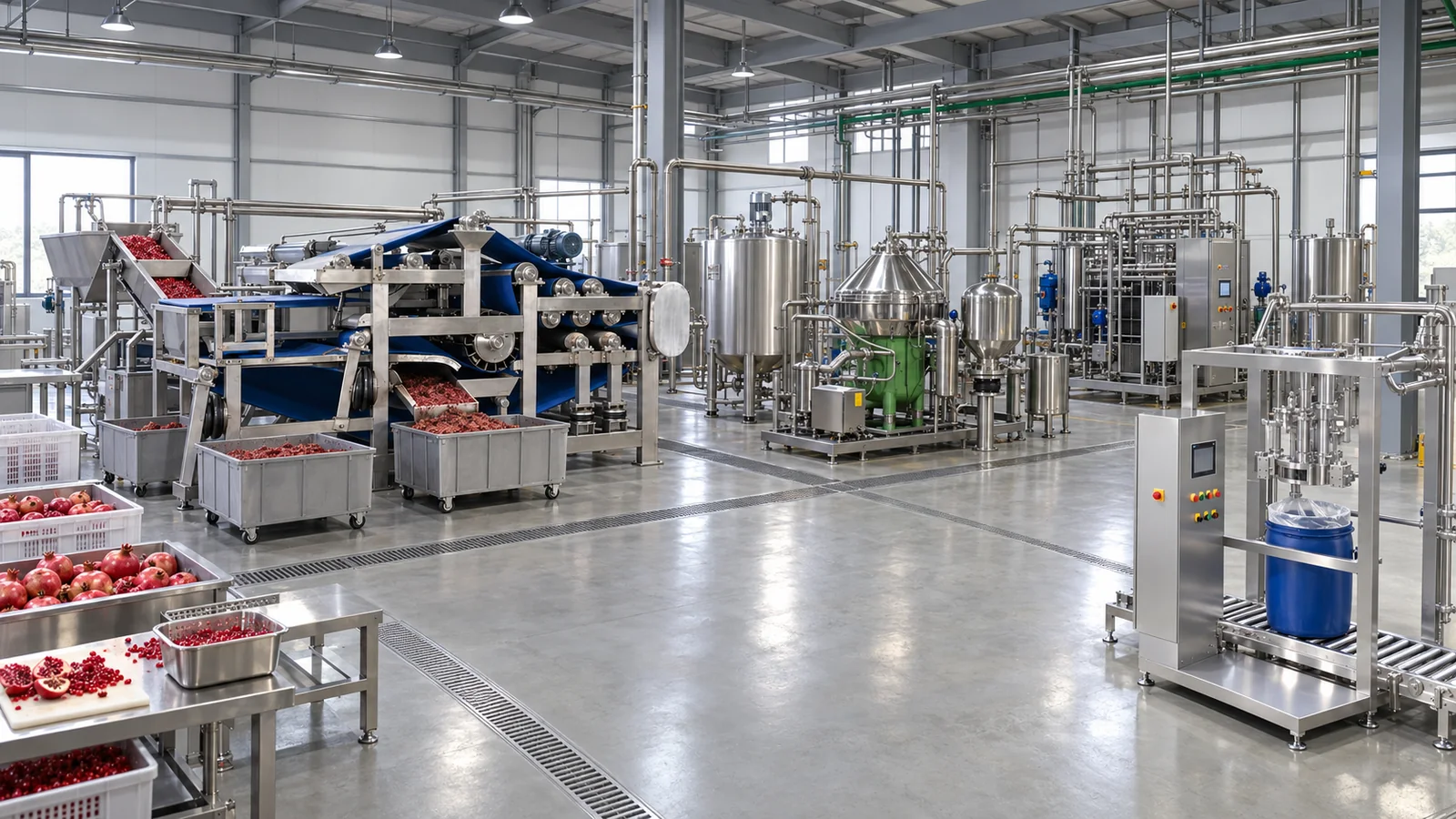 Conceptual factory layout of a prepared-aril pomegranate juice line, with belt press, disc separator, process tanks, thermal skid and bulk filler