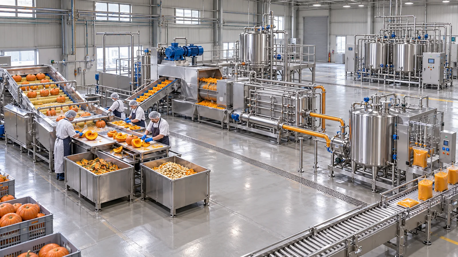 Reference-based conceptual pumpkin puree factory layout showing receiving, fruit-specific preparation, product treatment and packing interfaces