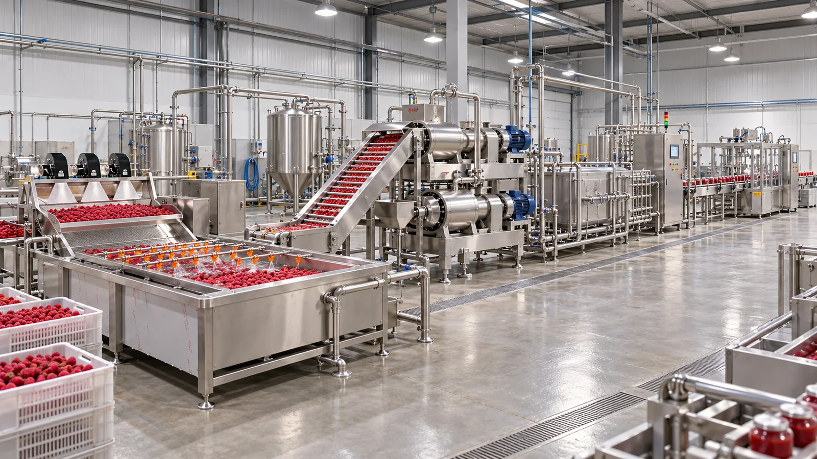 Reference-based conceptual raspberry puree factory layout showing receiving, fruit-specific preparation, product treatment and packing interfaces
