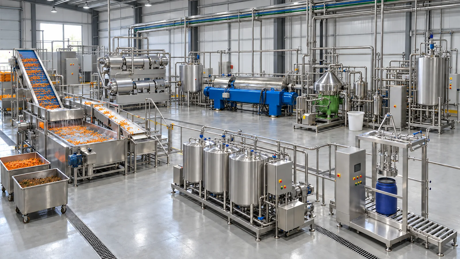 Conceptual factory visualization of a sea buckthorn juice line: berry washing and inspection, two-stage pulping, buffer tanks, decanter, disc separator, deaeration, tubular thermal treatment and aseptic bag filling in a functional workshop layout