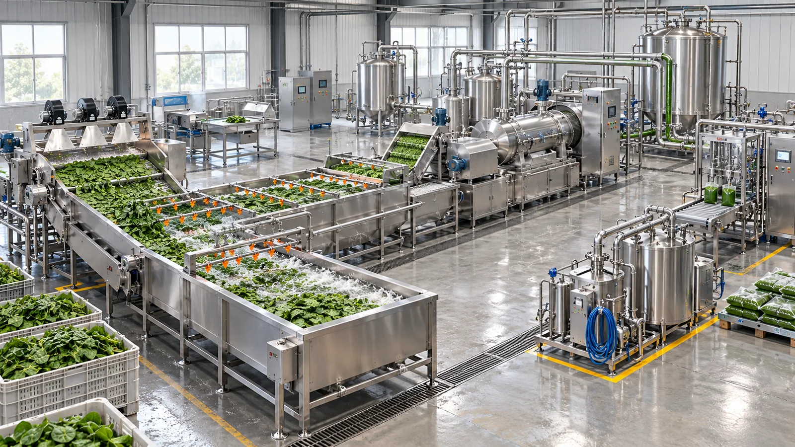 Reference-based conceptual spinach puree base factory layout showing receiving, fruit-specific preparation, product treatment and packing interfaces