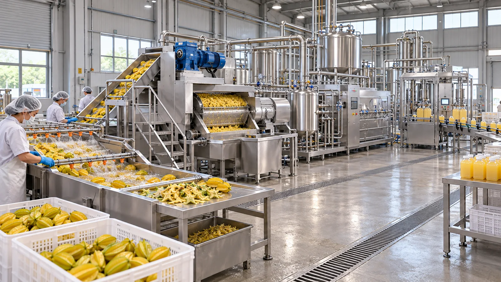 Reference-based conceptual starfruit juice factory layout showing receiving, fruit-specific preparation, product treatment and packing interfaces
