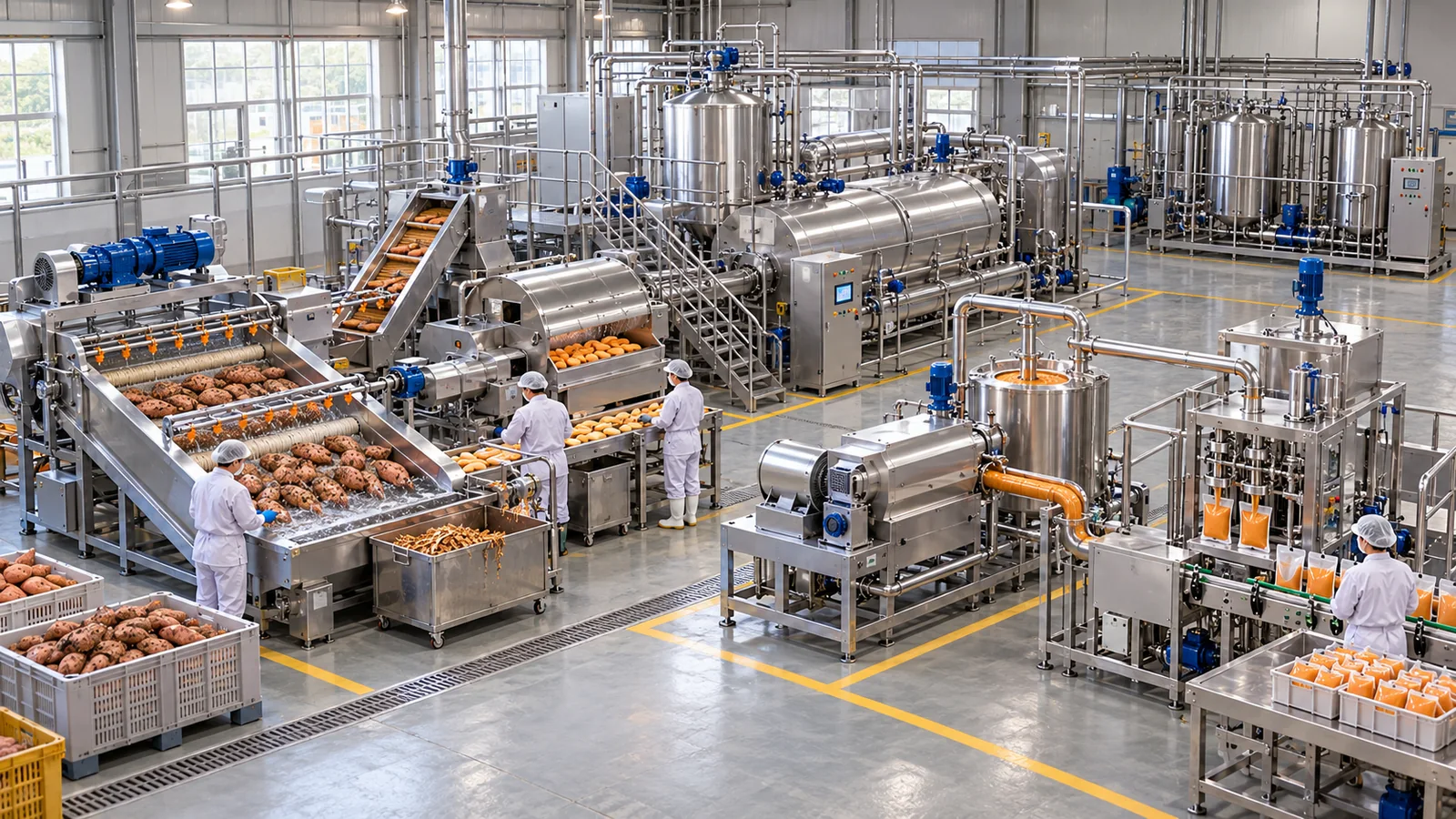 Reference-based conceptual sweet-potato puree factory layout showing receiving, fruit-specific preparation, product treatment and packing interfaces
