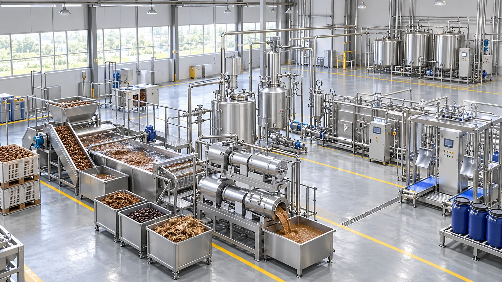 Reference-based conceptual tamarind pulp base factory layout showing receiving, fruit-specific preparation, product treatment and packing interfaces