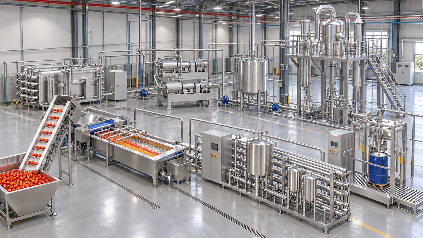Conceptual factory-layout visualization of a tomato paste line with receiving, washing, pulping, evaporation, thermal treatment and aseptic filling equipment