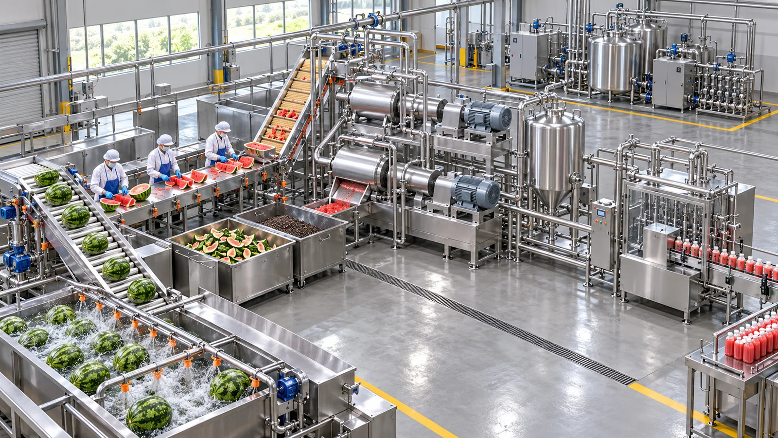 Reference-based conceptual watermelon juice factory layout showing receiving, fruit-specific preparation, product treatment and packing interfaces