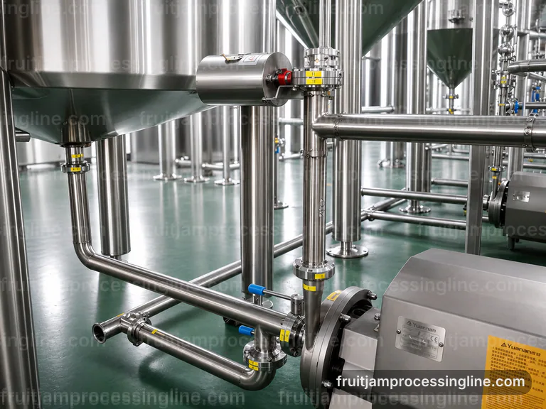 industrial fruit jam processing line, hygienic design: batch mixing with controlled concentration section connection view