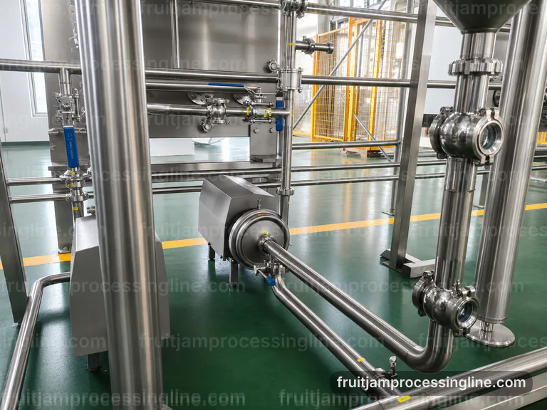 industrial fruit jam processing line, feed and output handling: batch mixing with controlled concentration section connection view