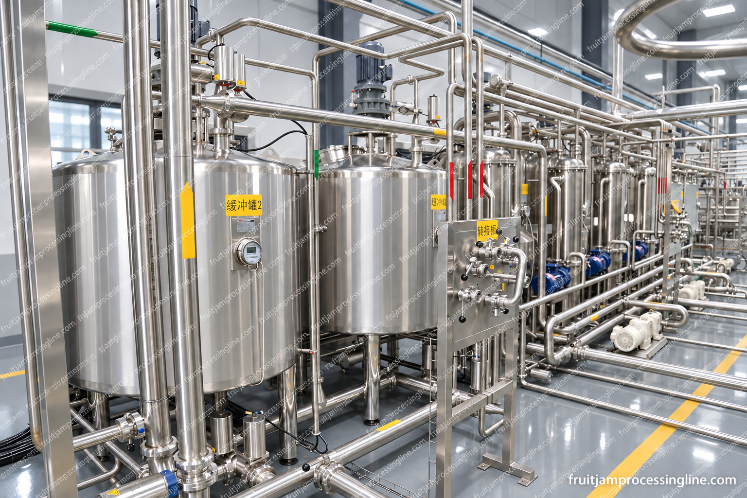 Real processing tanks, valves and transfer pumps from a fruit-processing equipment photo, AI-enhanced presentation