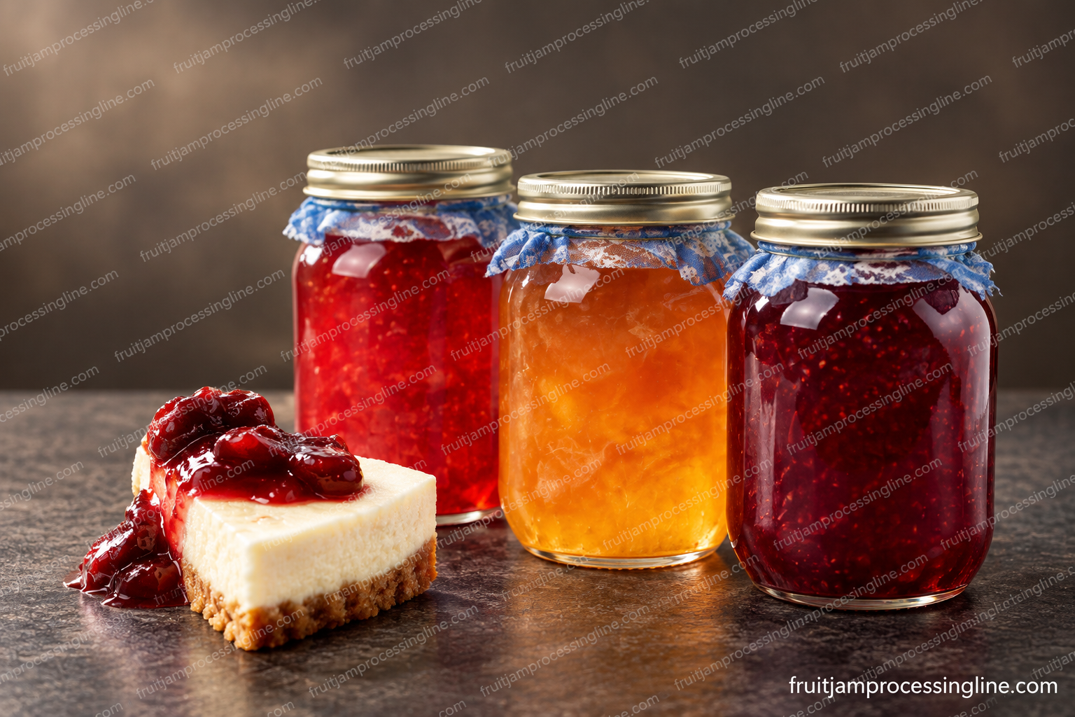 Three jars of fruit jam and a jam-topped cake slice, edited from an existing EasyReal product photograph