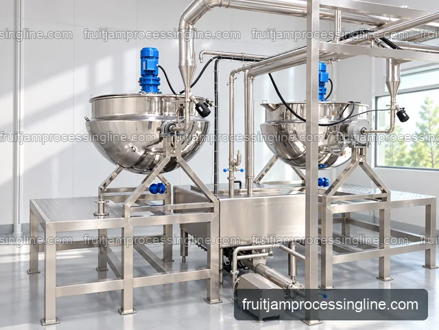 Pair of open jacketed cooking kettles with top-mounted agitators
