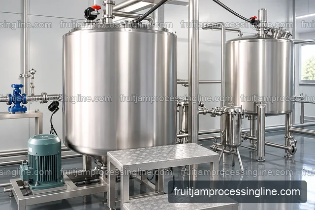 Two stainless process tanks with adjacent motor and pipework